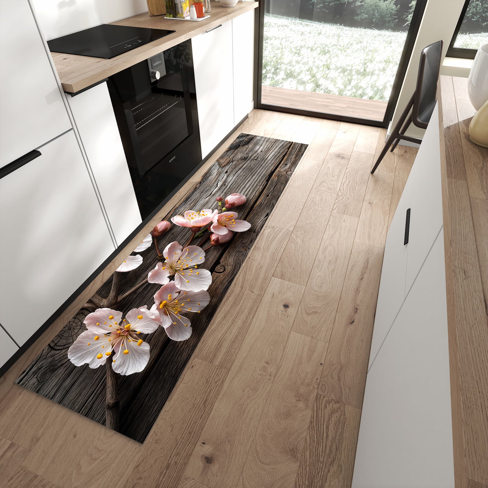 Wasserabweisender Küchenteppich mit Motiv Holz von Kirschblüten in moderner Küche