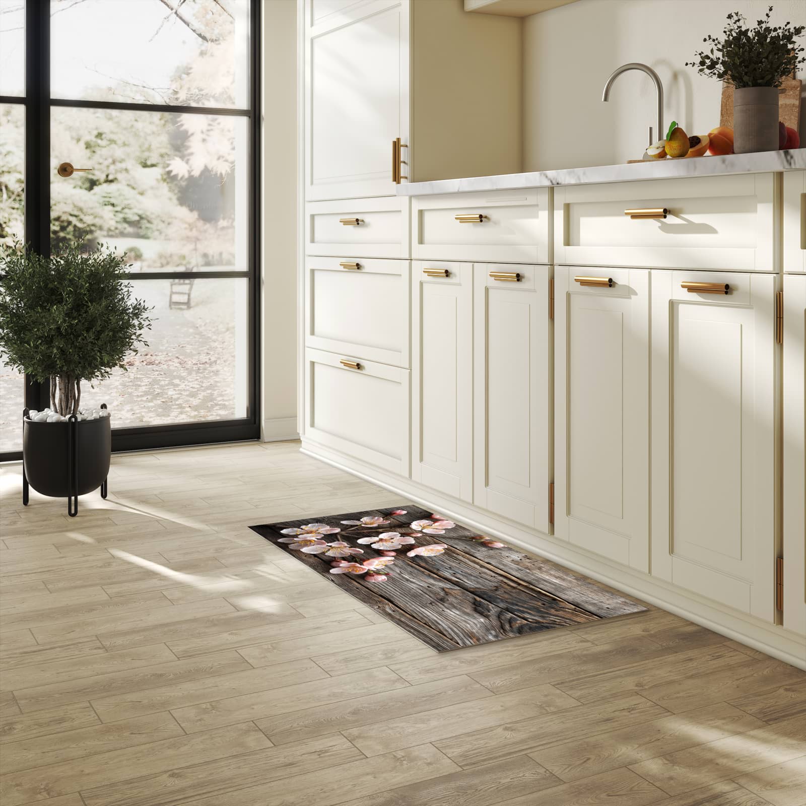 Fleckenresistenter Küchenläufer mit Motiv Holz von Kirschblüten in heller Küche