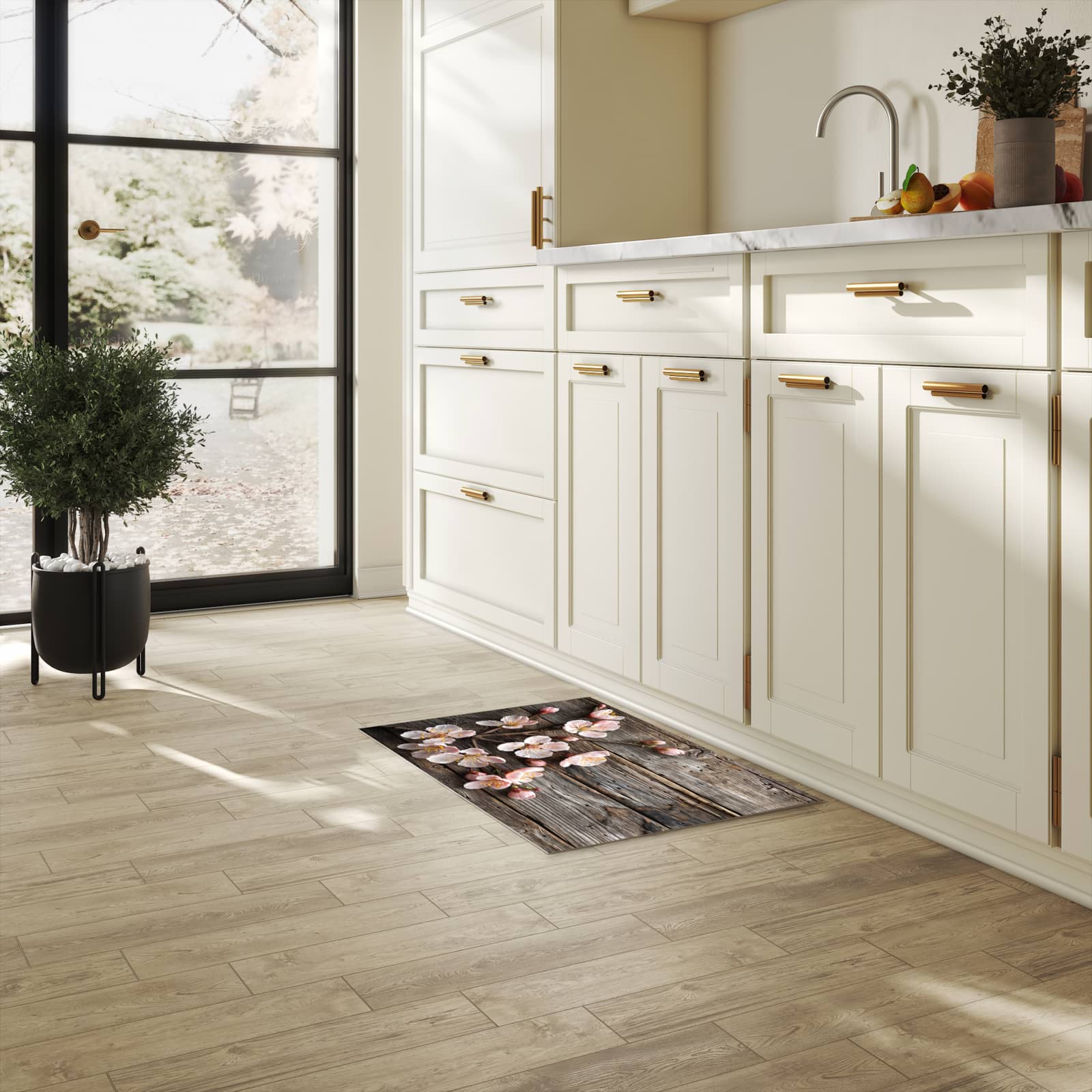 Komfortabler Küchenläufer nach Maß mit Motiv Holz von Kirschblüten in heller Küche