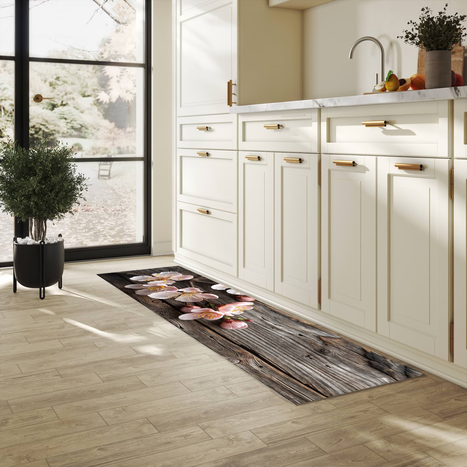 Langlebiger waschbarer Küchenläufer mit Motiv Holz von Kirschblüten in heller Küche