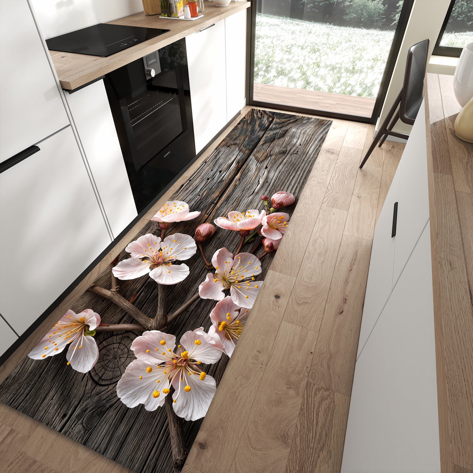 Komfortabler großer Küchenteppich mit Motiv Holz von Kirschblüten in moderner Küche