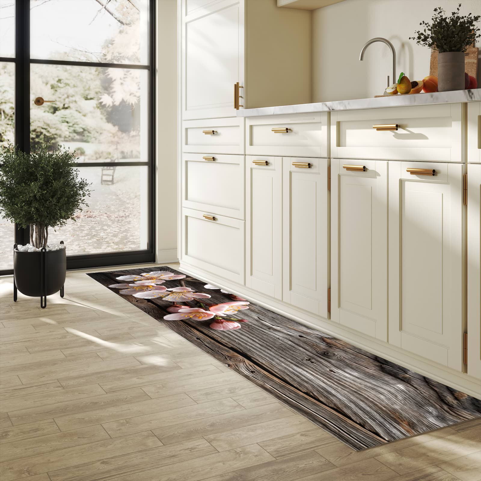 Pflegeleichter moderner Küchenläufer mit Motiv Holz von Kirschblüten in heller Küche