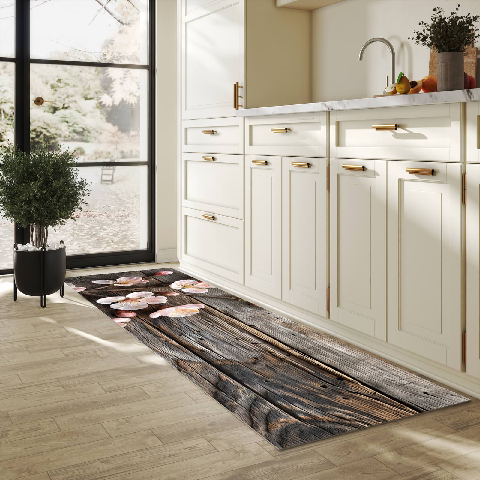 Abwaschbarer Küchenläufer mit Motiv Holz von Kirschblüten in heller Küche für angenehme Haptik