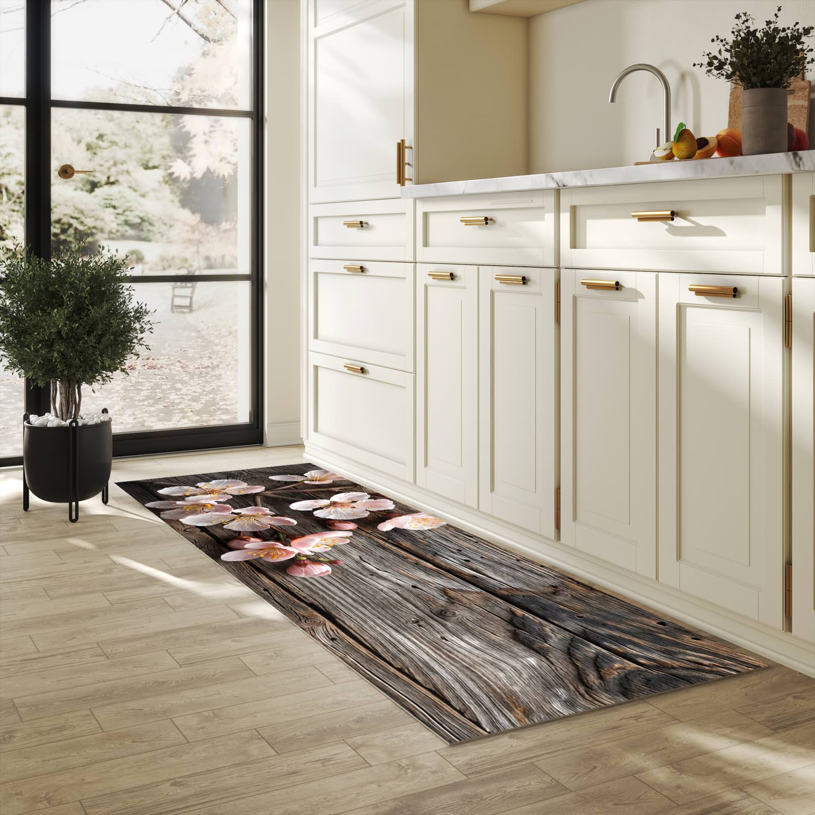Pflegeleichter moderner Küchenläufer mit Motiv Holz von Kirschblüten in heller Küche