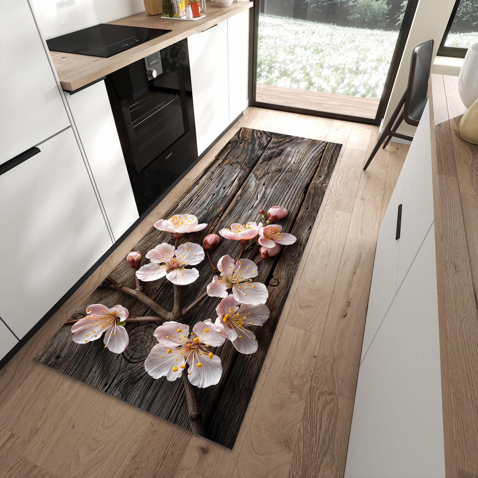 Waschbarer Küchenteppich mit Motiv Holz von Kirschblüten in moderner Küche