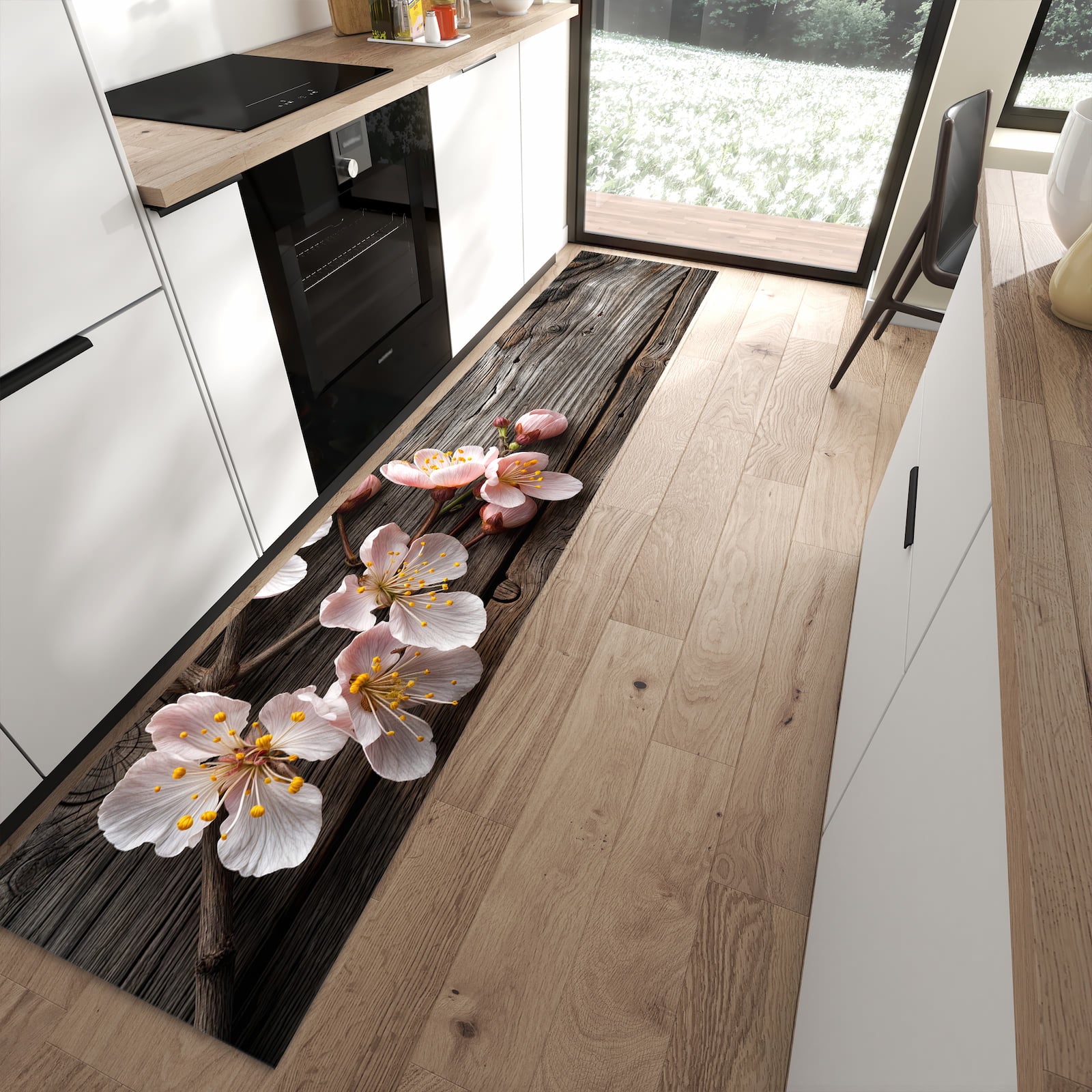 Schmutzabweisender Küchenteppich mit Motiv Holz von Kirschblüten in moderner Küche