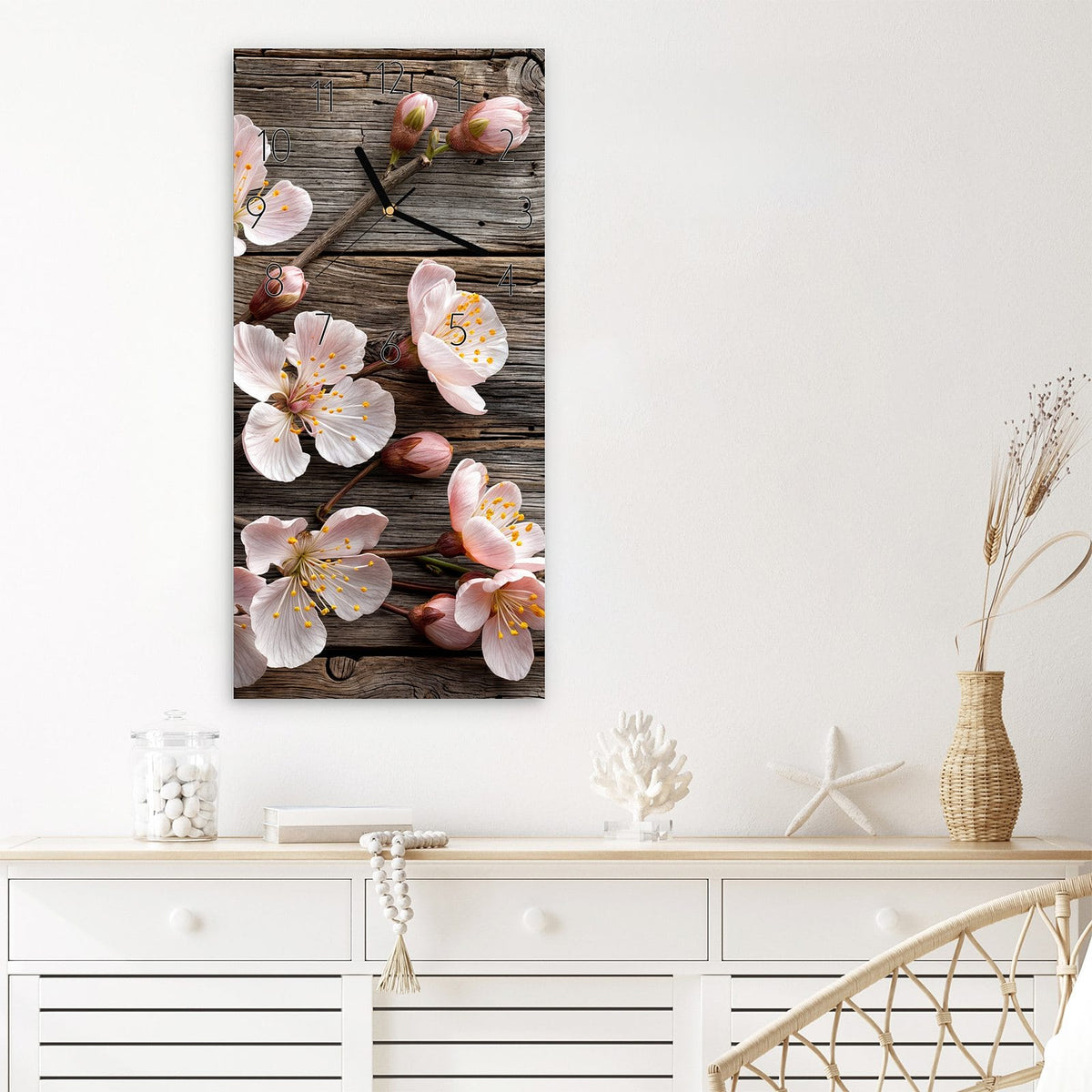Wanduhr Kirschblüten auf Holz aus Glas – Hochformat 30 × 60 cm – Kirschblütenzweige auf rustikalem Holz