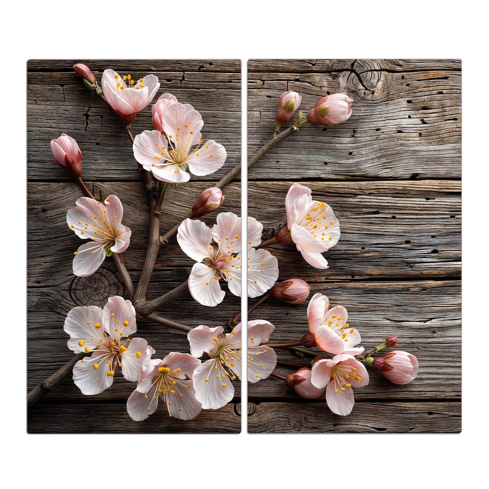 2-teilige Herdabdeckplatten aus Glas mit Kirschblüten auf Holz-Motiv in der Frontansicht #grösse_2-Teilig (60x52cm)