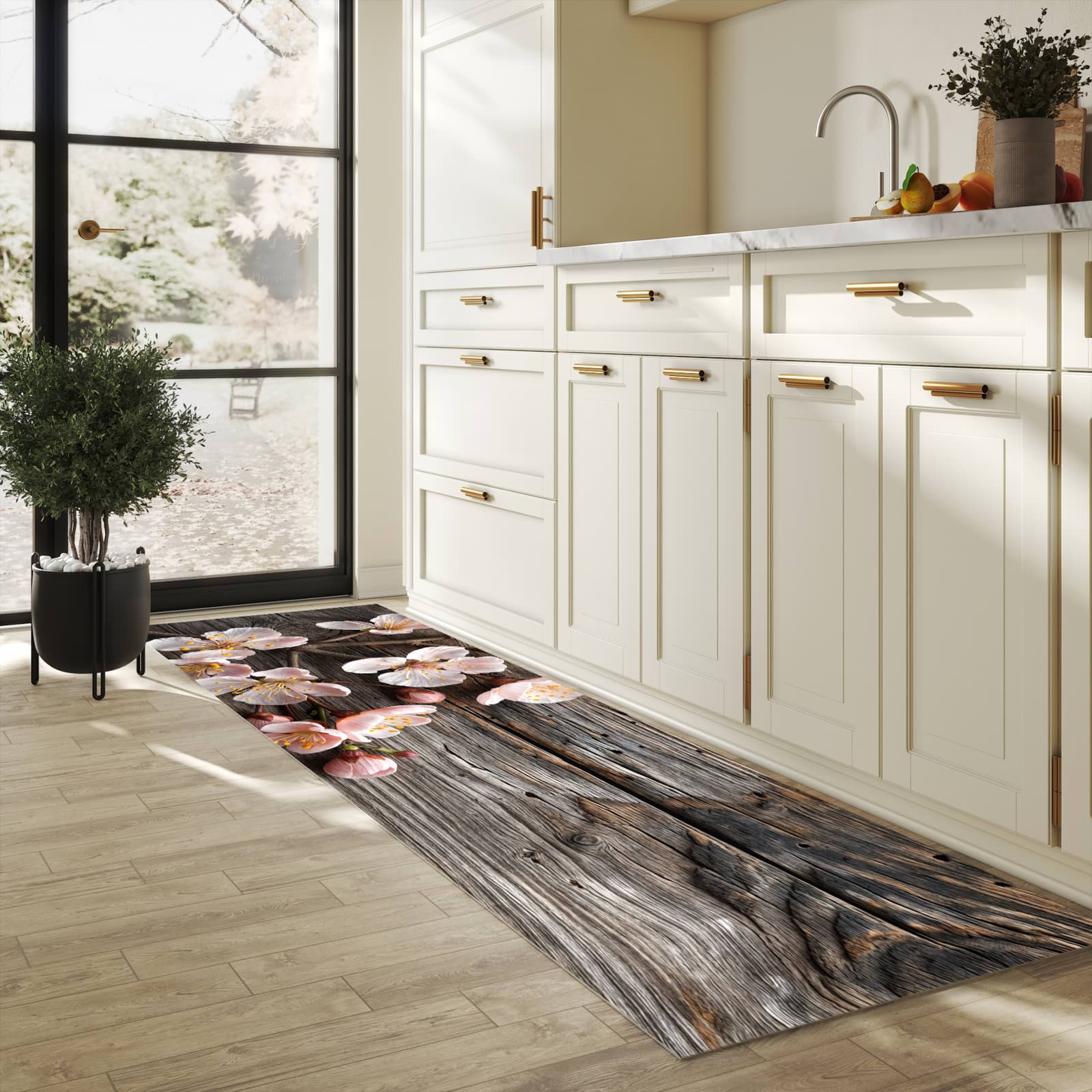 Hygienischer Küchenteppich mit Motiv Holz von Kirschblüten in heller Küche - abwaschbar