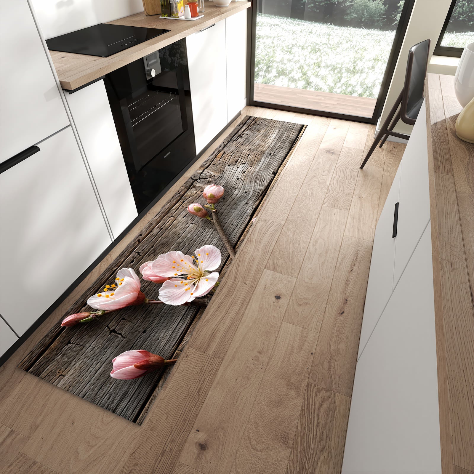 Fleckenresistenter waschbarer Küchenteppich mit Motiv Holz von Kirschblüten in moderner Küche