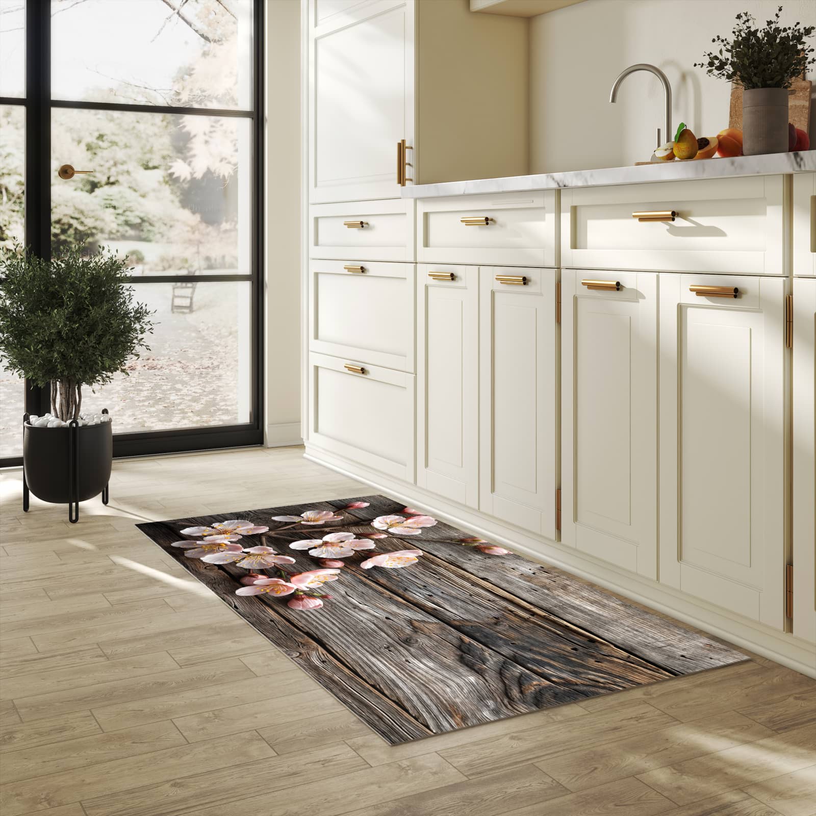 Strapazierfähiger Küchenteppich mit Motiv Holz von Kirschblüten in heller Küche