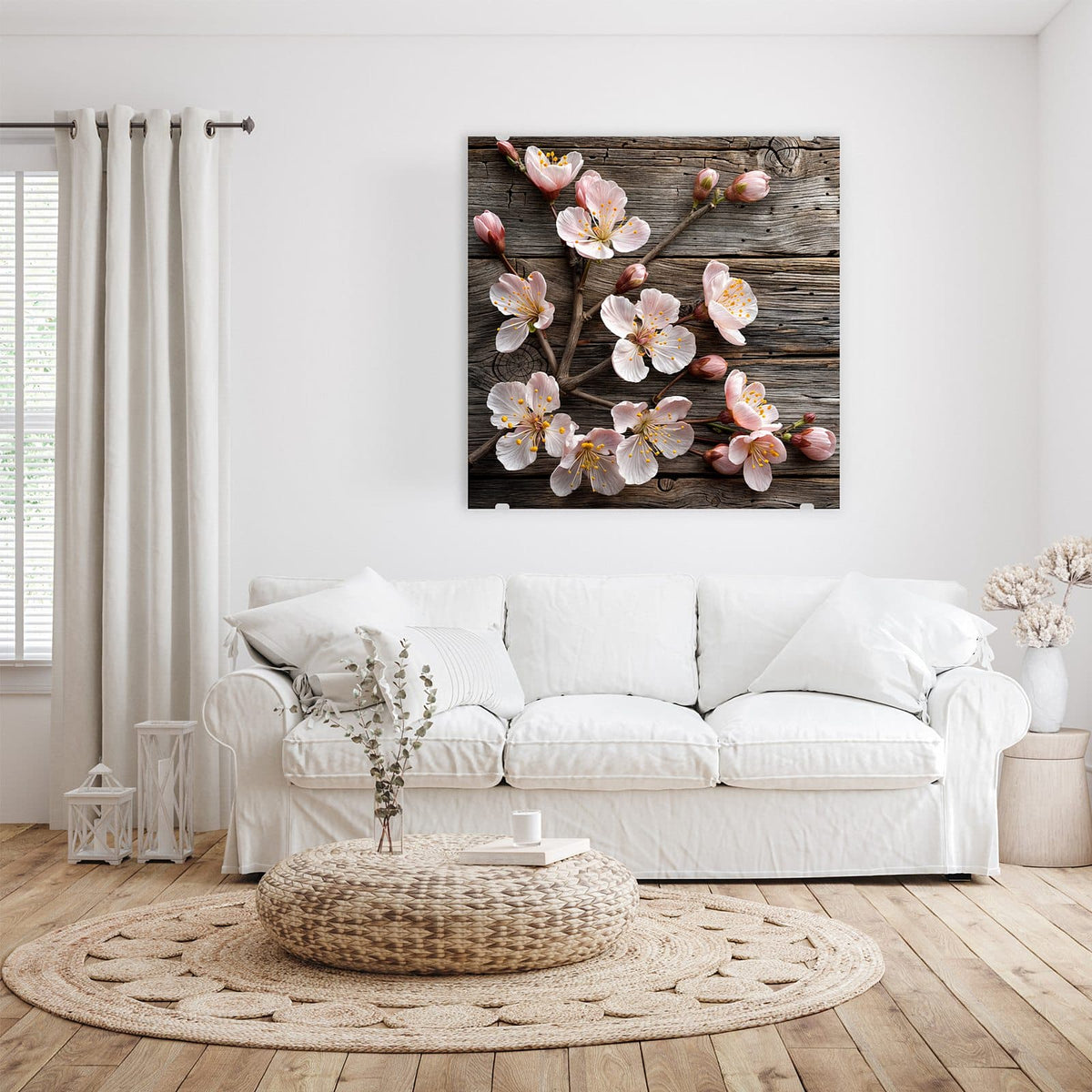 Glasbild Blüten auf Grauholz an der Wand – Zweige mit weiß-rosa Blüten und Knospen auf grau verwittertem Holz
