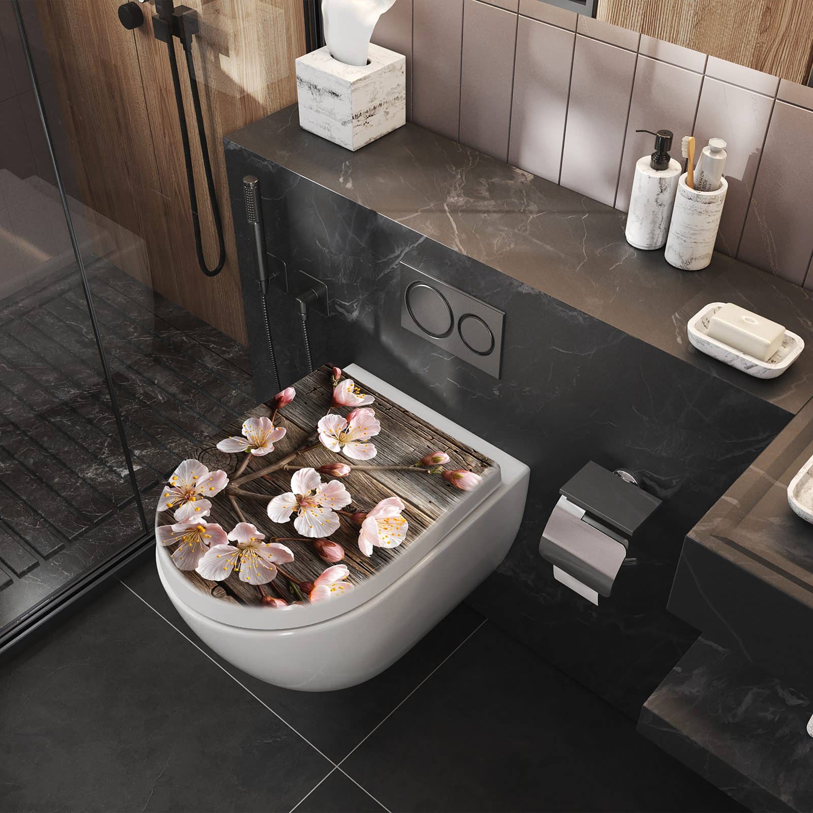 WC-Sitz mit Absenkautomatik Holz von Kirschblüten