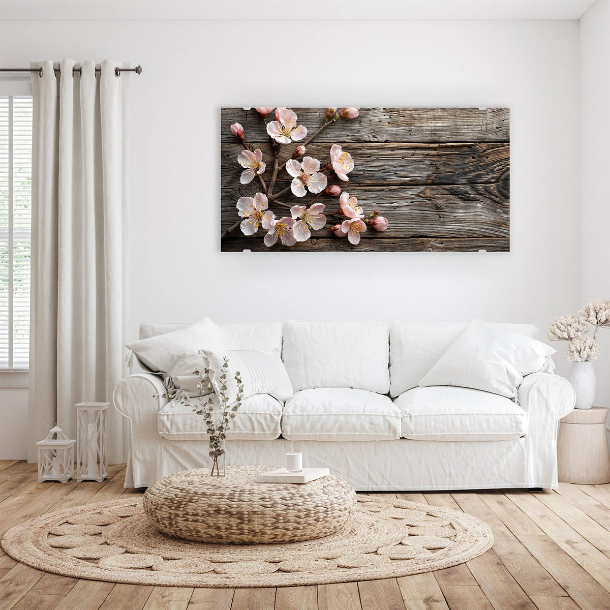 Wandbild - Blüten auf Grauholz - Querformat – Blütenzweige auf grauem Holz