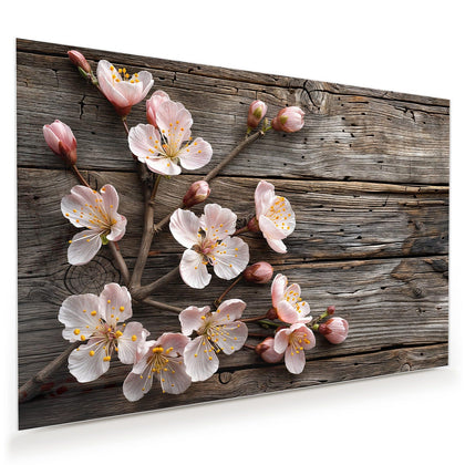 Wandbild mit dem Motiv Blüten auf Grauholz