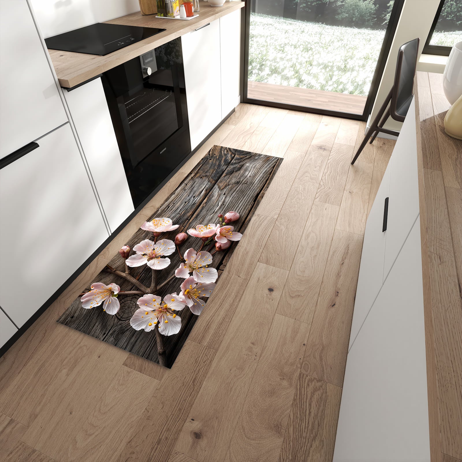 Komfortabler Bodenläufer-Teppich mit Motiv Holz von Kirschblüten in moderner Küche