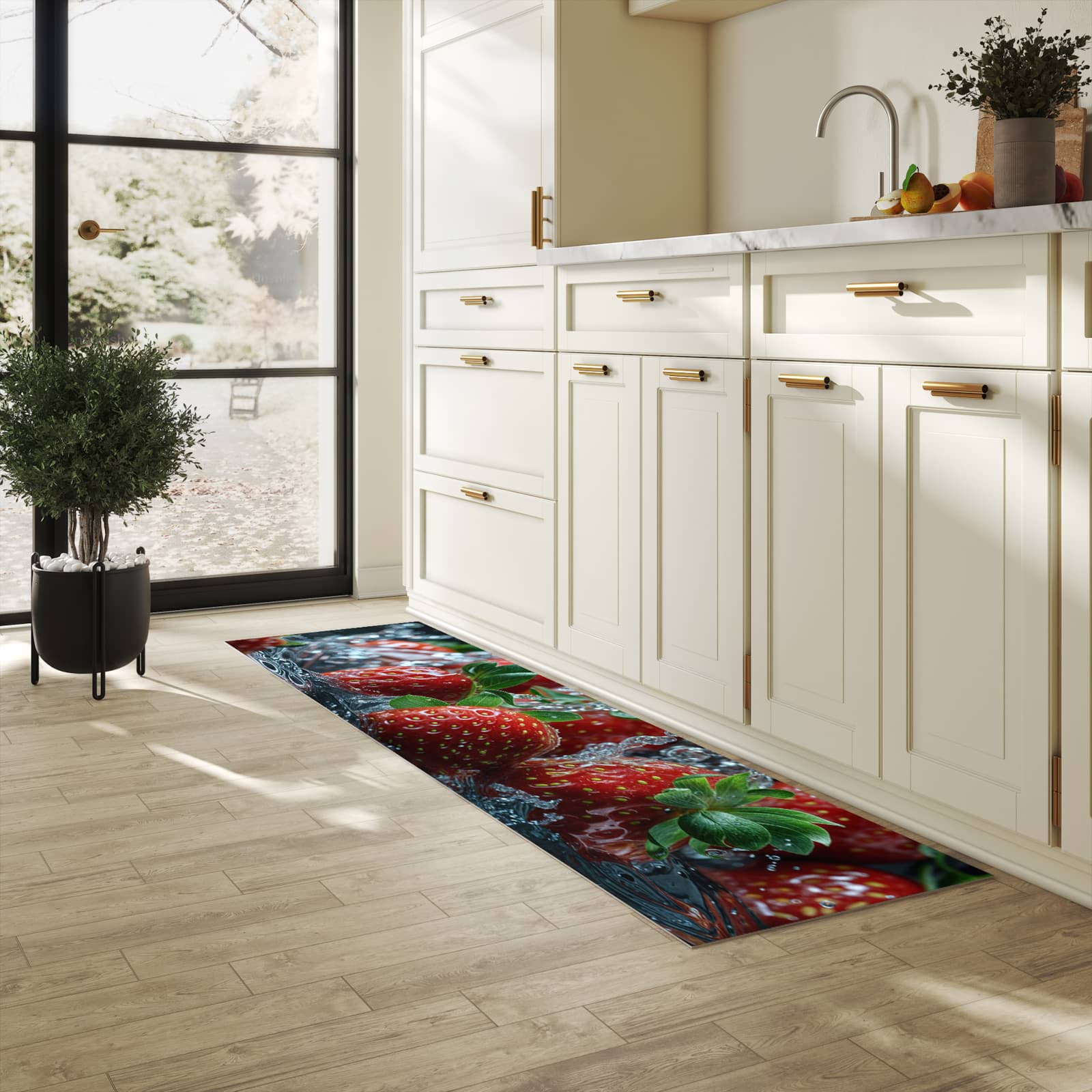 Bodenschonender rutschfester Küchenteppich mit Motiv Erdbeeren von Frische in heller Küche