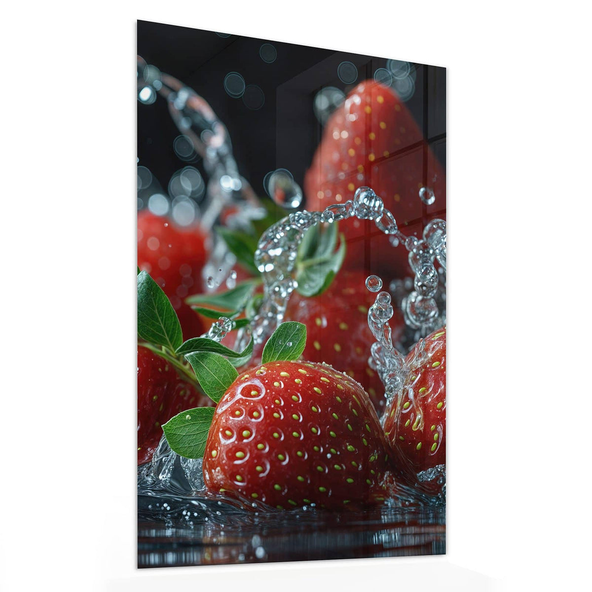 Glasbild Erdbeeren mit Tropfen von der Seite, 4 mm Echtglas