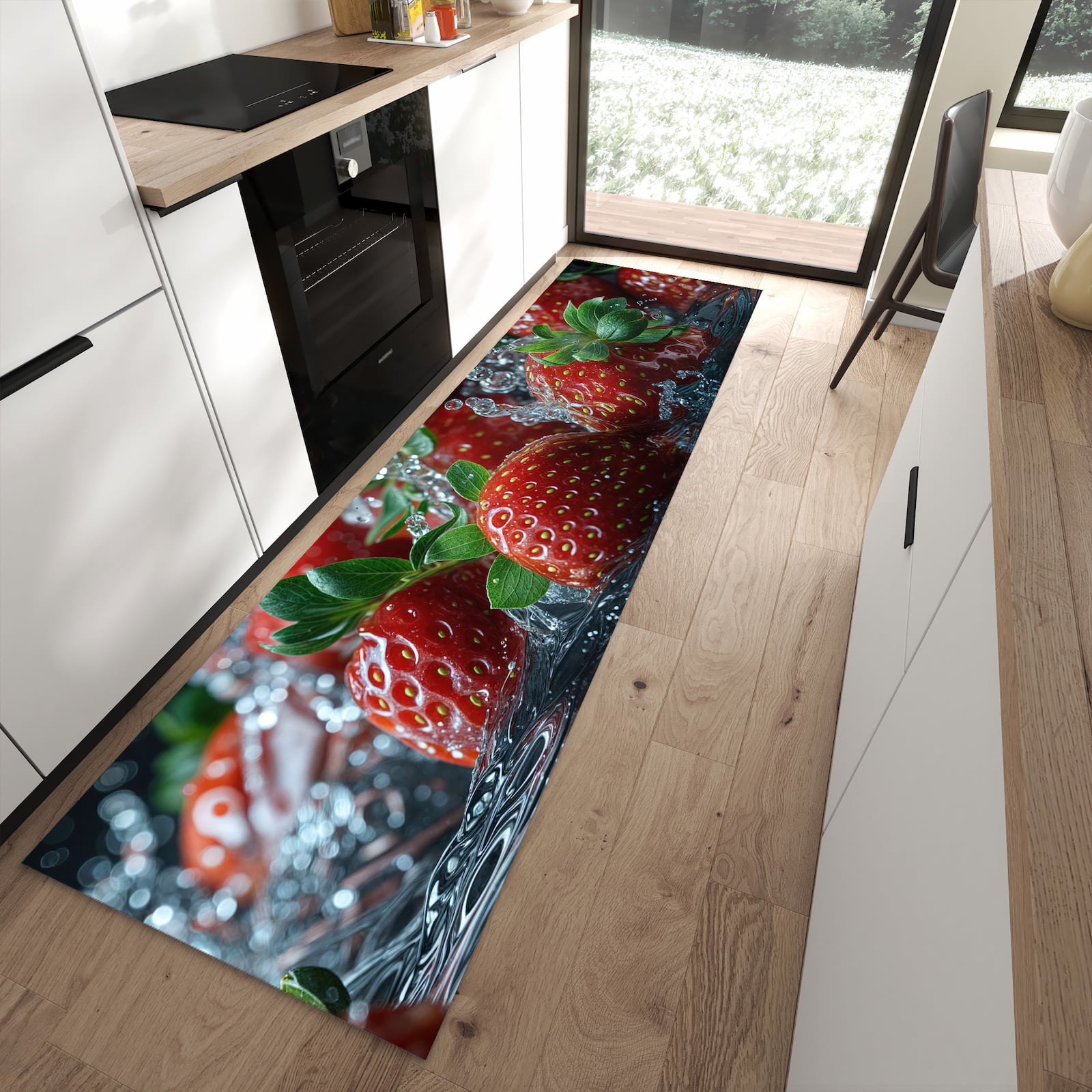 Formstabiler rutschfester Küchenteppich mit Motiv Erdbeeren von Frische in moderner Küche