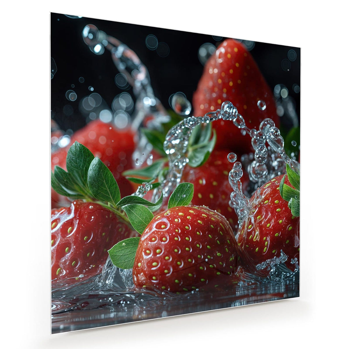 Mehrere Erdbeeren mit grünen Blättern in aufspritzendem Wasser vor dunklem Grund