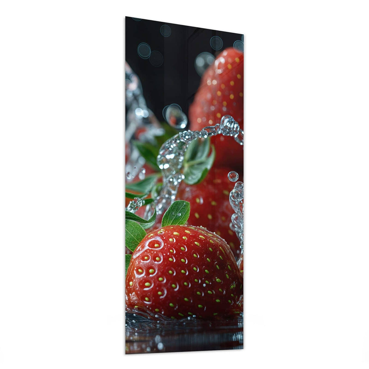 Glasbild Erdbeeren mit Tropfen von der Seite, 4 mm Echtglas