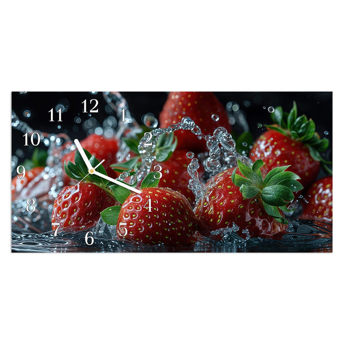 Wanduhr Frische Erdbeeren Korb aus Glas – Querformat 60 × 30 cm mit Ziffernblatt Klassisch