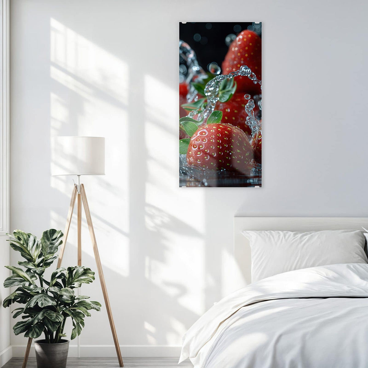 Glasbild Erdbeeren mit Tropfen an der Wand – Mehrere Erdbeeren mit grünen Blättern in aufspritzendem Wasser vor dunklem Grund