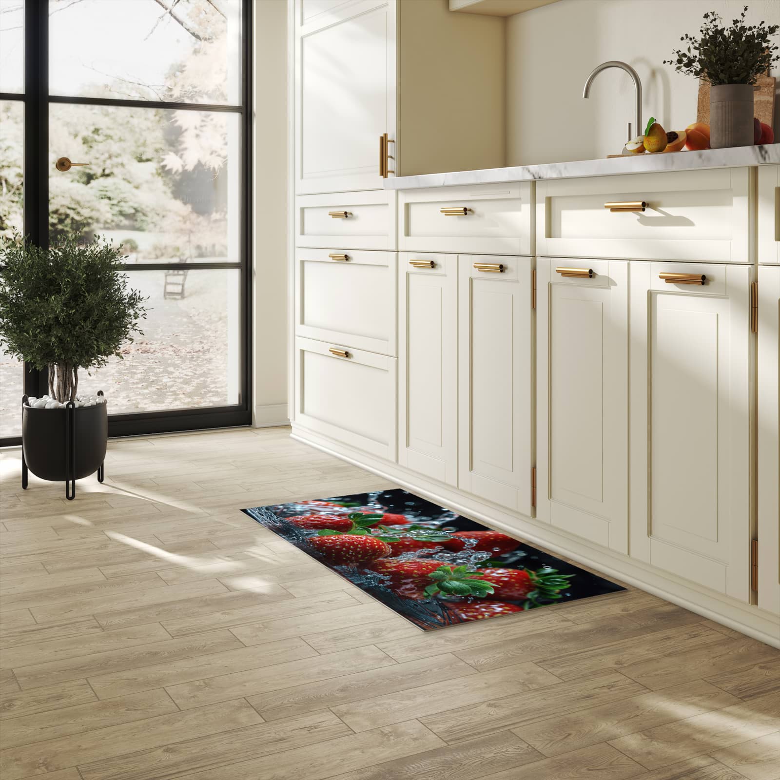 Feuchtigkeitsresistenter Küchenteppich mit Motiv Erdbeeren von Frische in heller Küche
