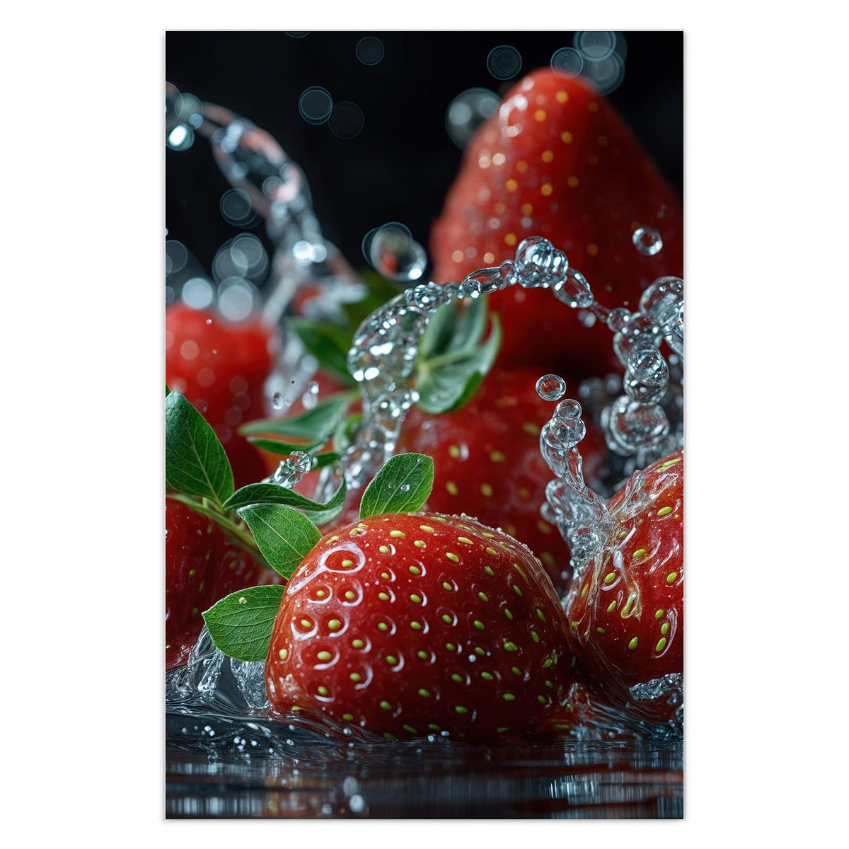 Mehrere Erdbeeren mit grünen Blättern in aufspritzendem Wasser vor dunklem Grund