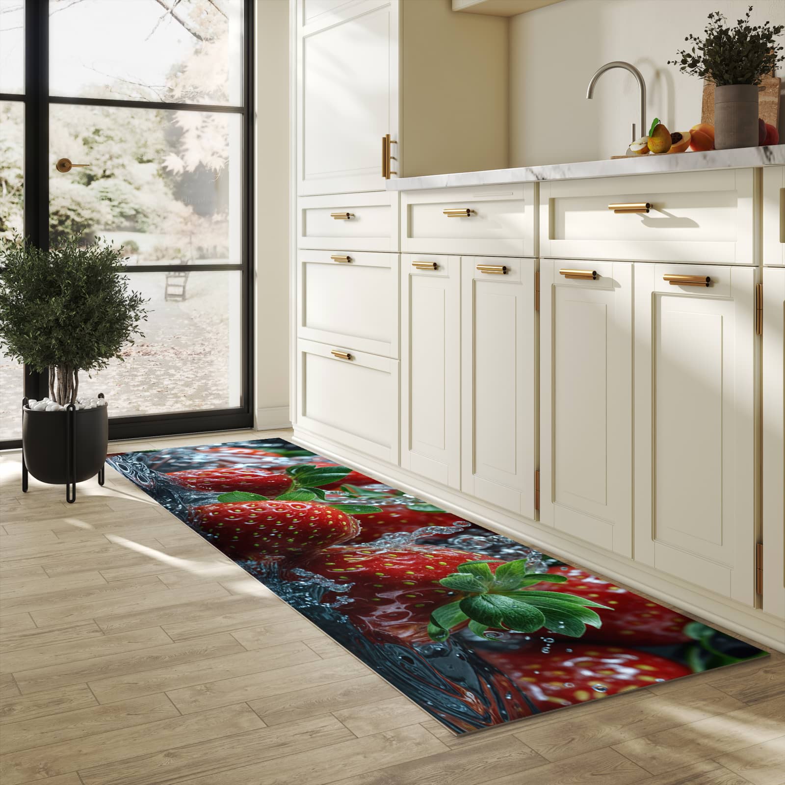 Abriebfester Küchenteppich mit Motiv Erdbeeren von Frische in heller Küche