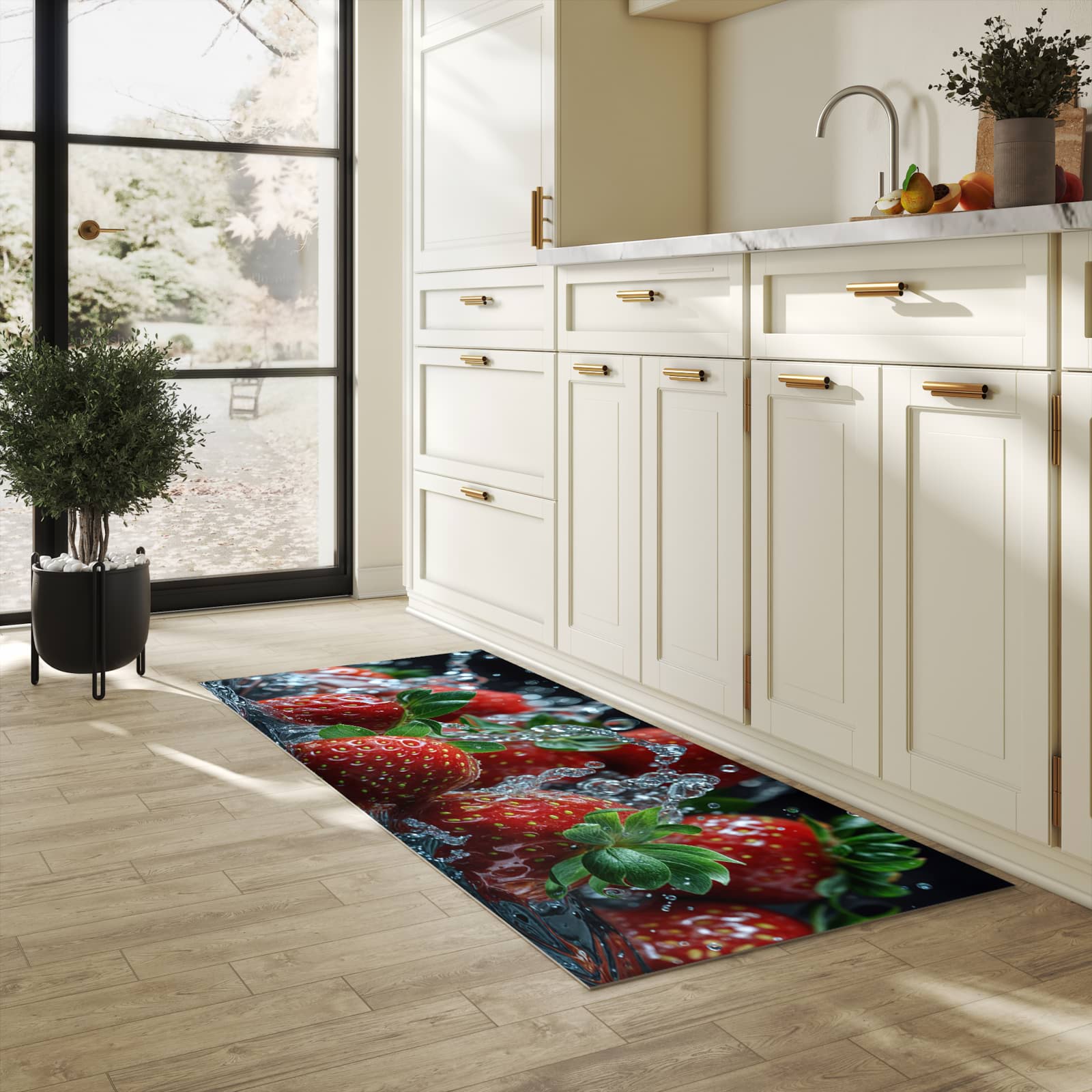 Zeitsparender großer Küchenteppich mit Motiv Erdbeeren von Frische in heller Küche