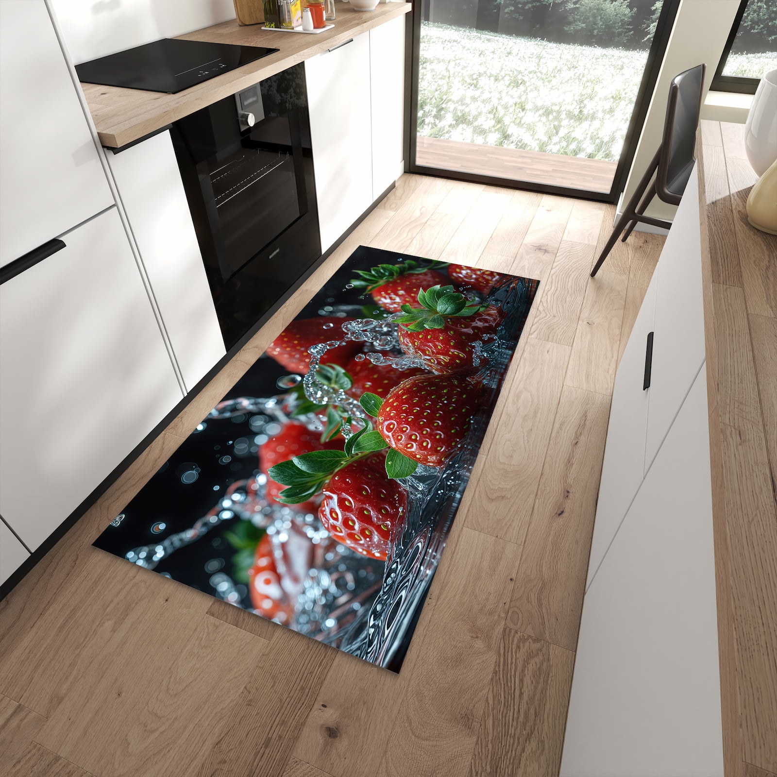 Waschbarer Teppich fürs Esszimmer mit Motiv Erdbeeren von Frische in moderner Küche