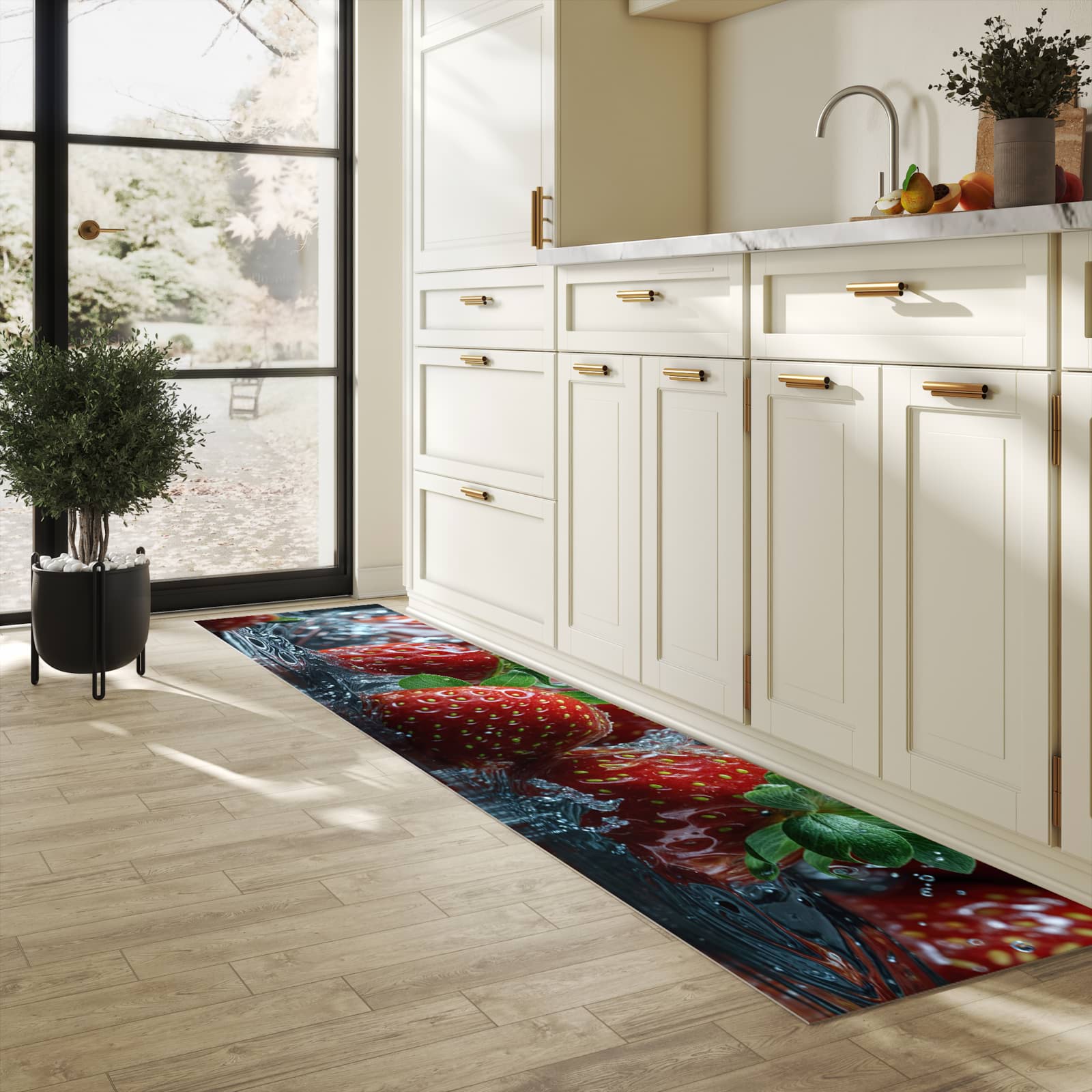 Formstabiler waschbarer Küchenteppich mit Motiv Erdbeeren von Frische in heller Küche