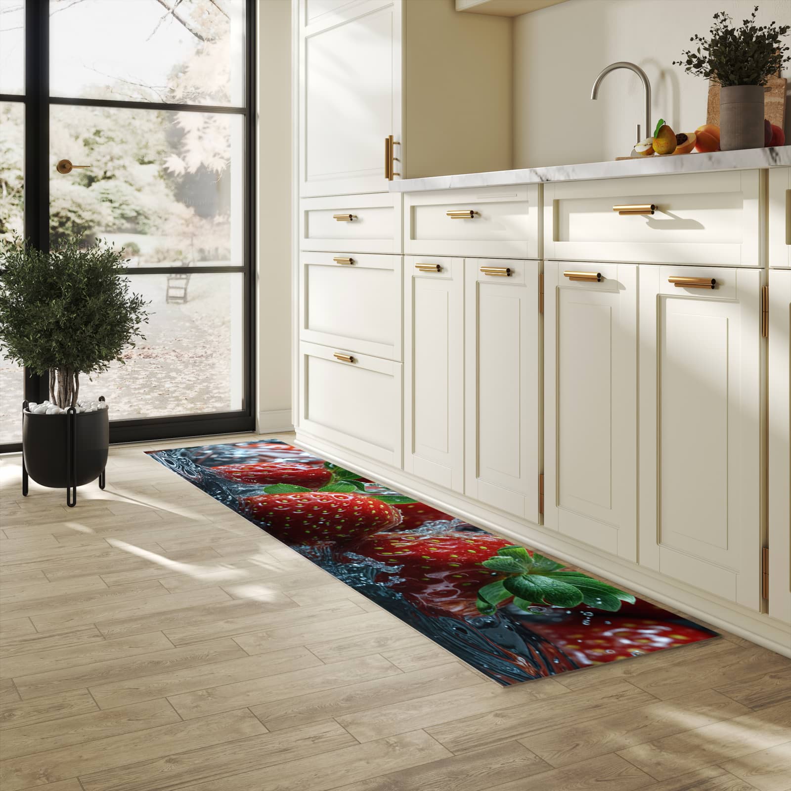 Farbbeständiger Küchenteppich mit Motiv Erdbeeren von Frische in heller Küche