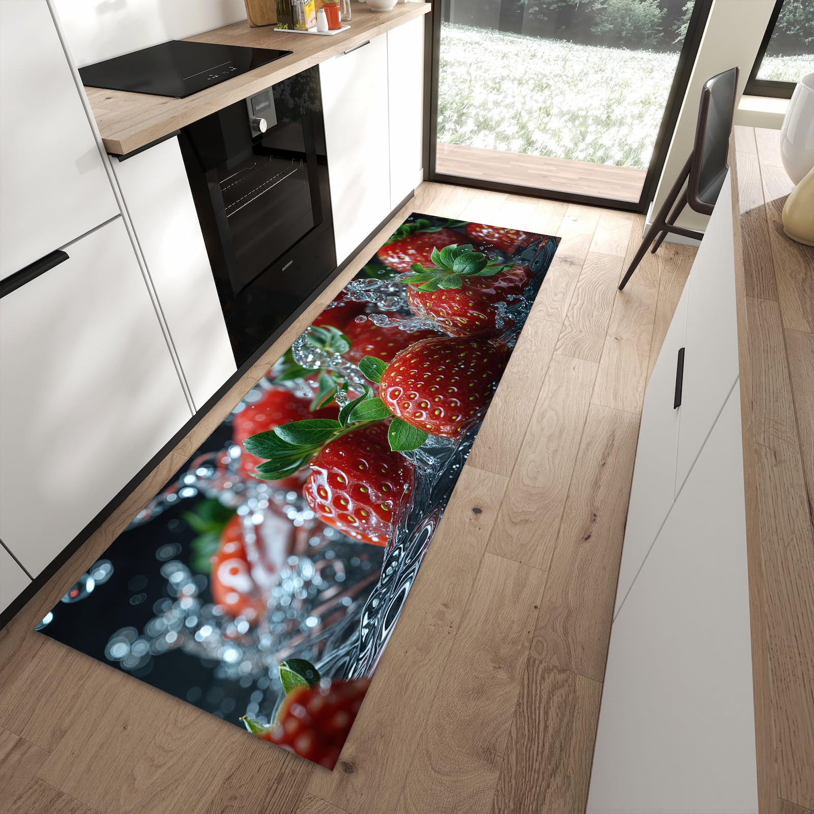Farbbeständiger dünner Teppich mit Motiv Erdbeeren von Frische in moderner Küche