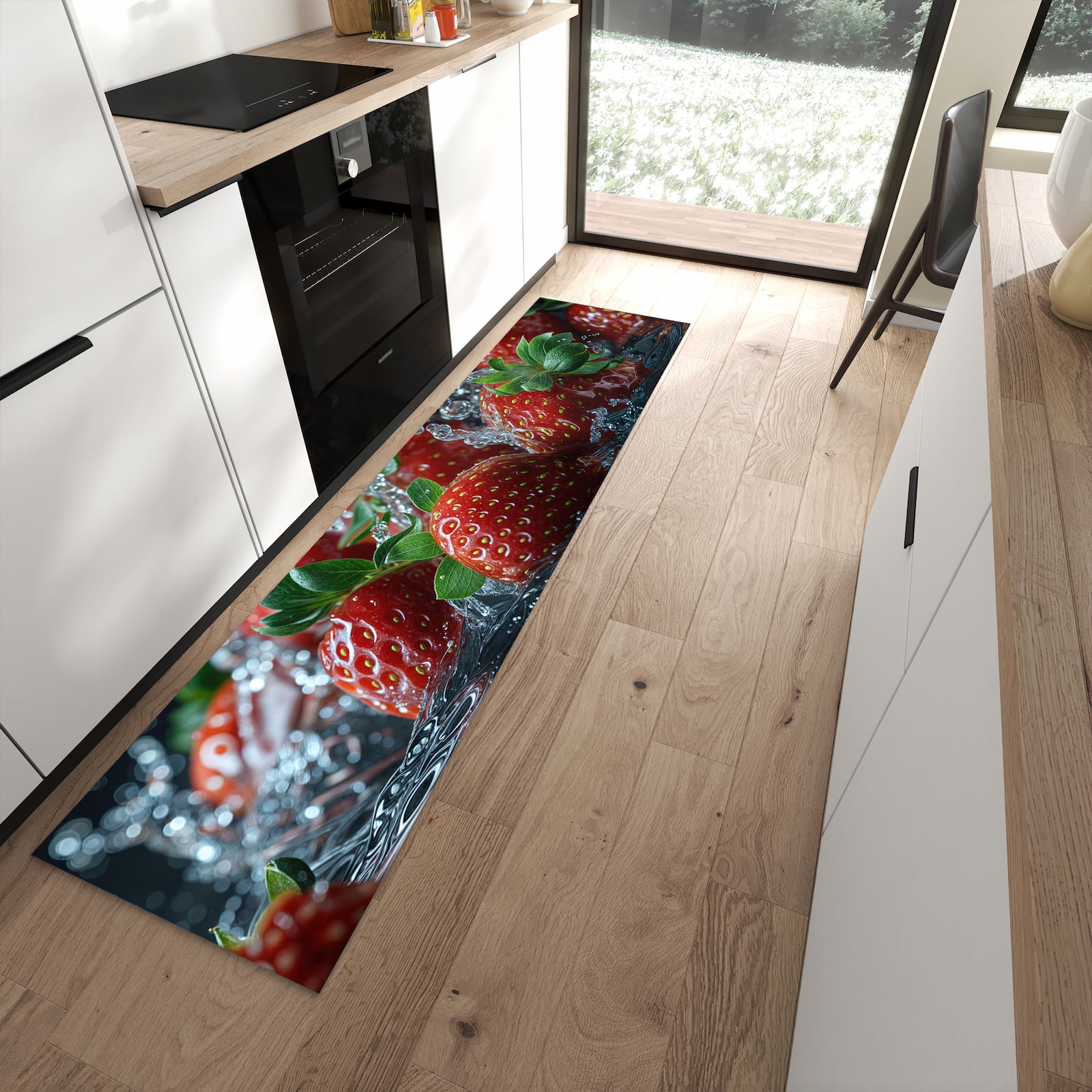Rutschfester waschbarer Küchenläufer mit Motiv Erdbeeren von Frische in moderner Küche