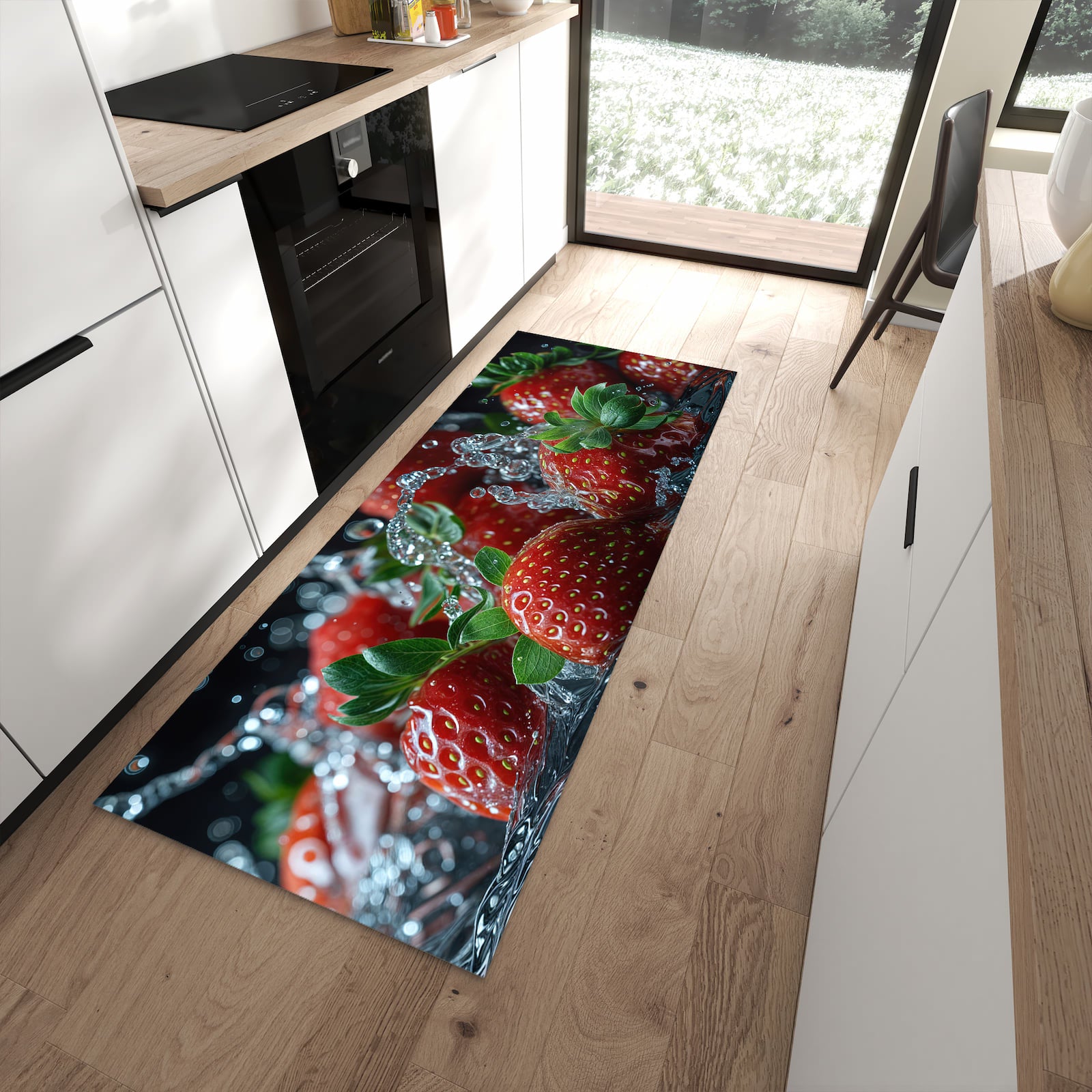 Bodenschonender rutschfester Läufer mit Motiv Erdbeeren von Frische in moderner Küche