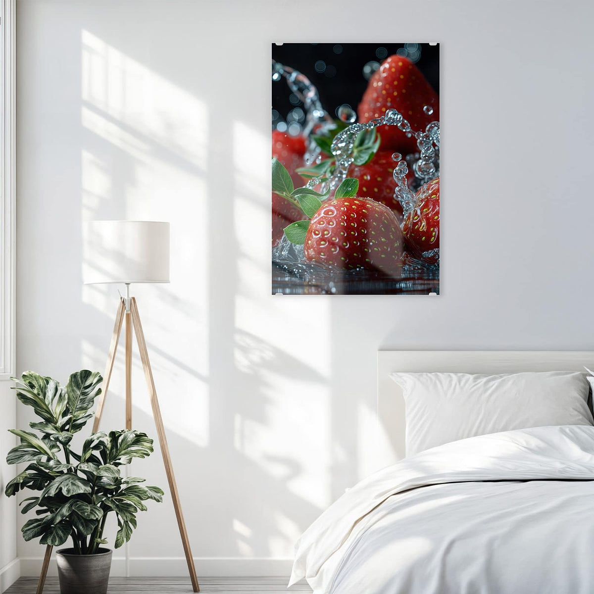 Glasbild Erdbeeren mit Tropfen an der Wand – Mehrere Erdbeeren mit grünen Blättern in aufspritzendem Wasser vor dunklem Grund