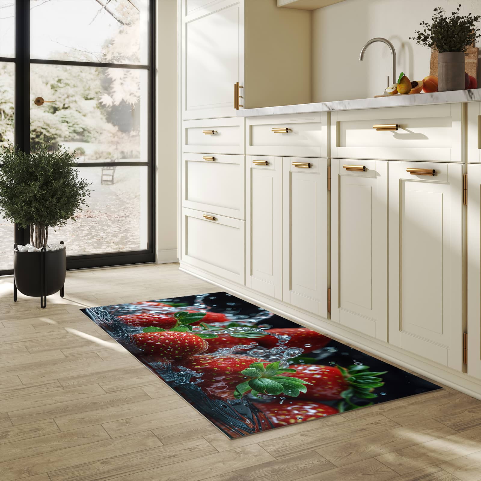 Komfortabler Küchenläufer mit Motiv Erdbeeren von Frische in heller Küche