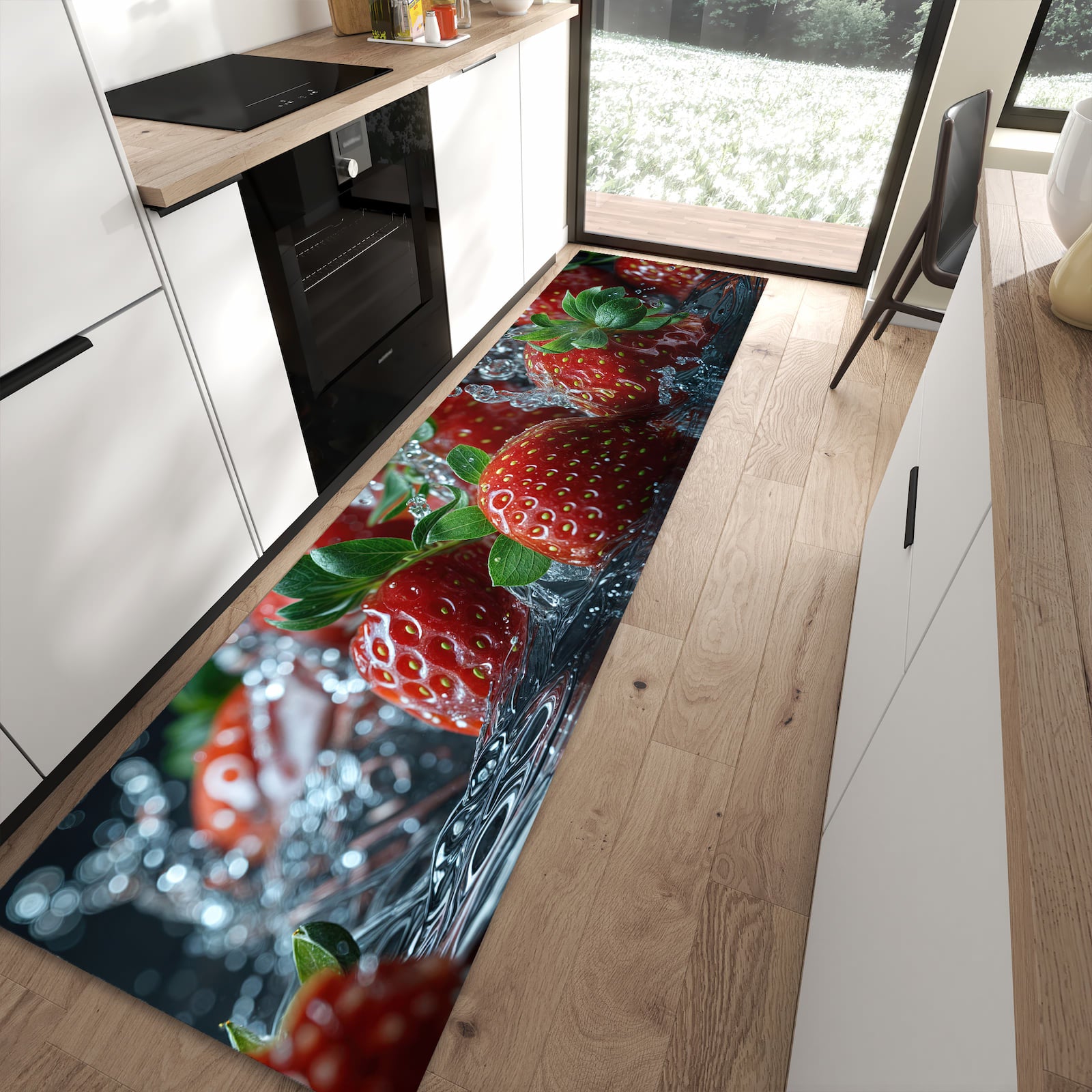 Waschbarer Küchenteppich mit Motiv Erdbeeren von Frische in moderner Küche für sichere Aufbewahrung