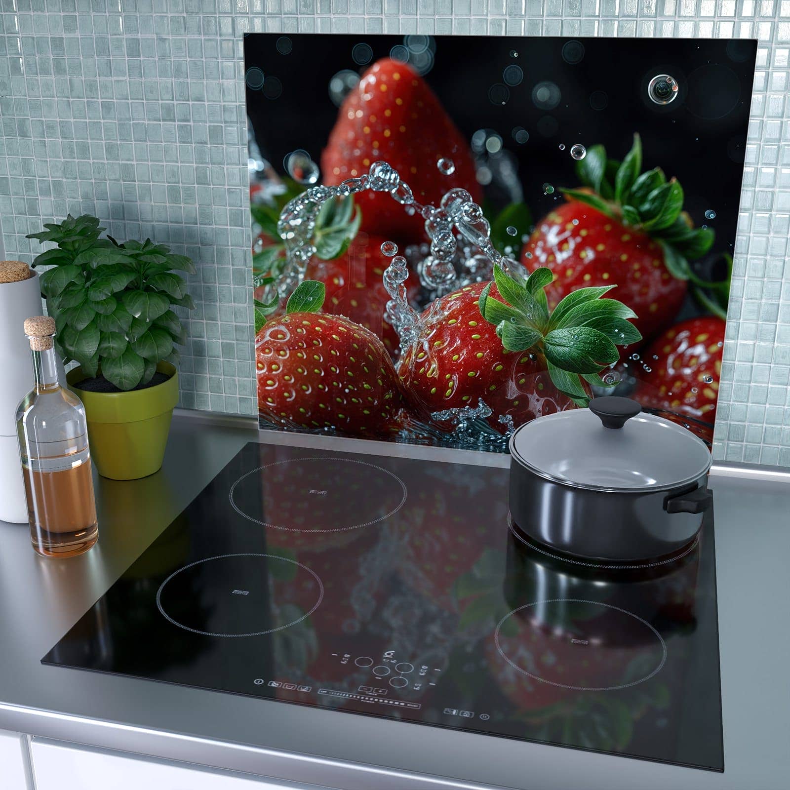1-teilige Glasplatte für Herd mit Frische Erdbeeren Korb-Motiv als Spritzschutz hinter dem Kochfeld