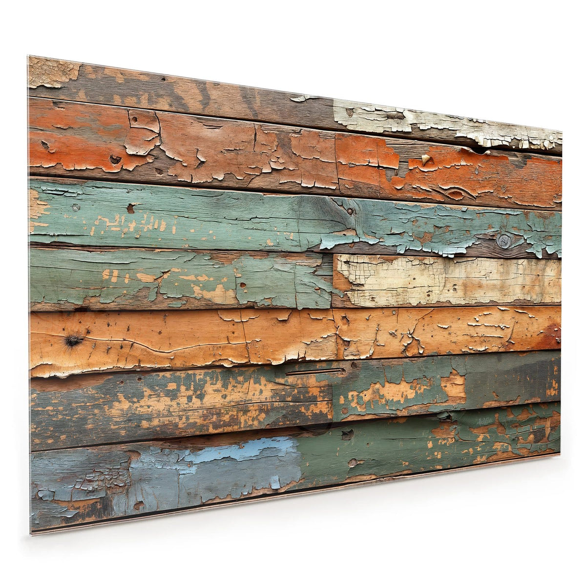 Küchenrückwand aus Glas im Hochformat mit Motiv Antike Holzplanken: Waagerechte alte Bretter mit stark abblätternder Farbe in Orange, Grün, Blau und Creme