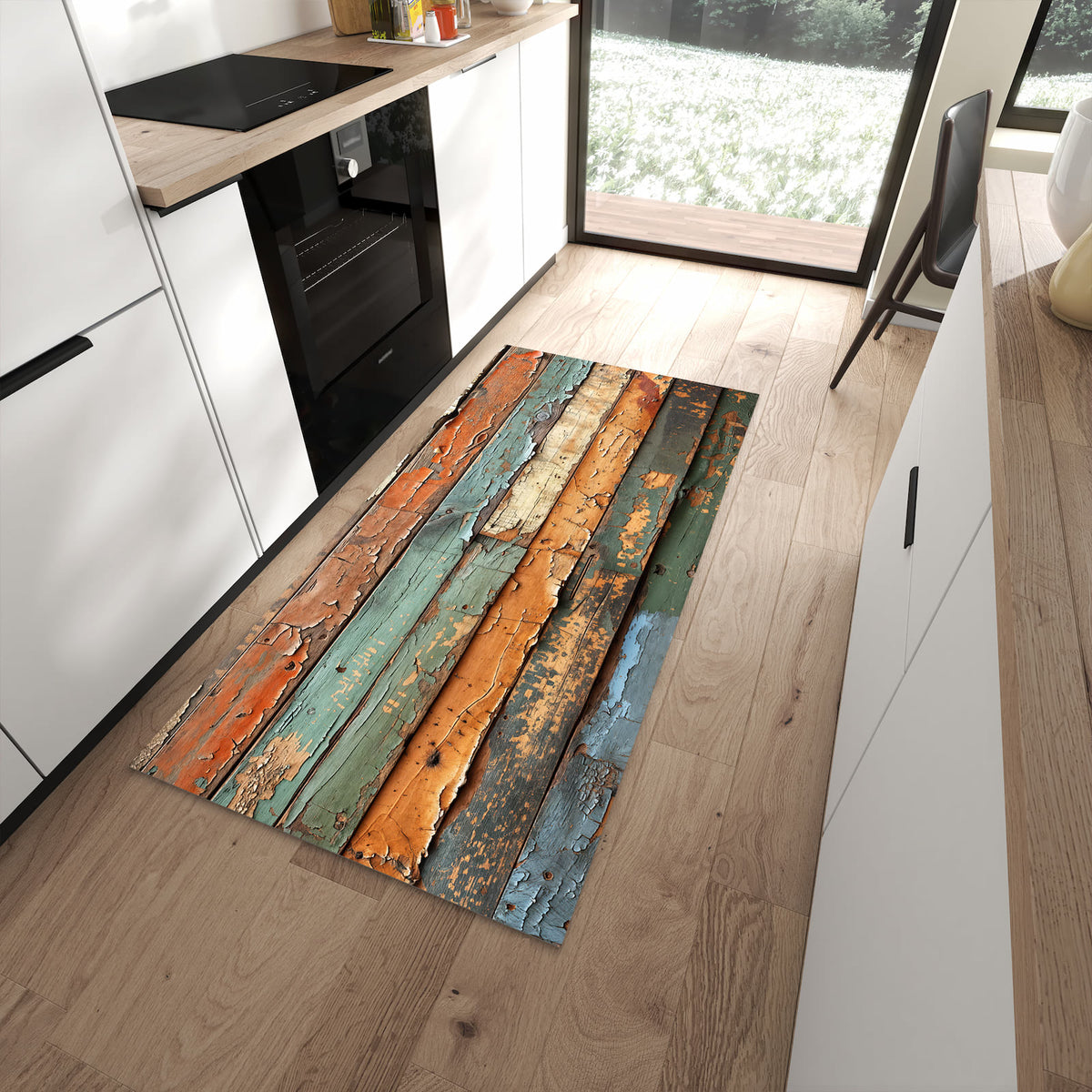 Küchenvorleger mit Motiv Antike Holzplanken für angenehme Haptik in moderner Küche