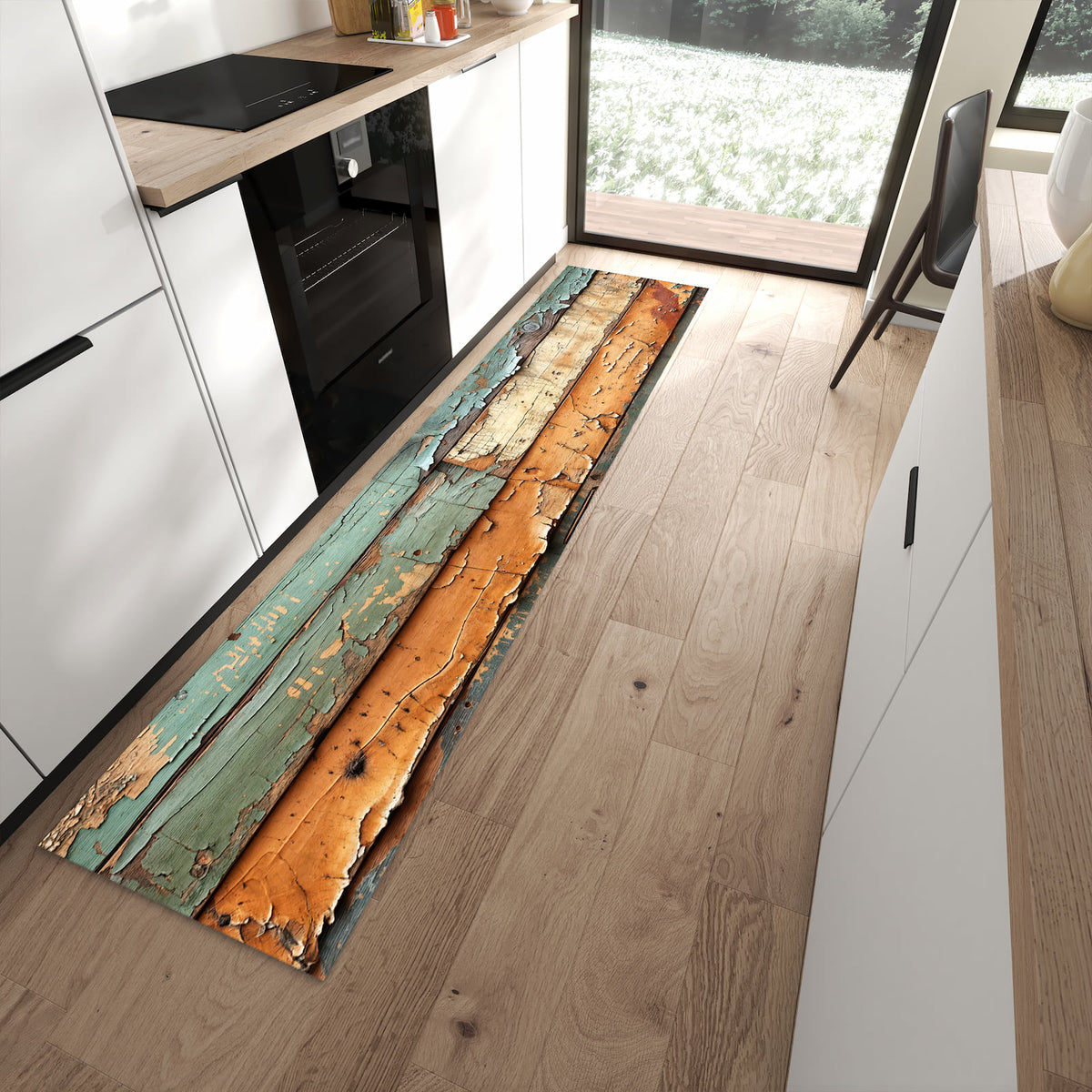 Geruchsneutraler Küchenteppich mit Motiv Antike Holzplanken in moderner Küche