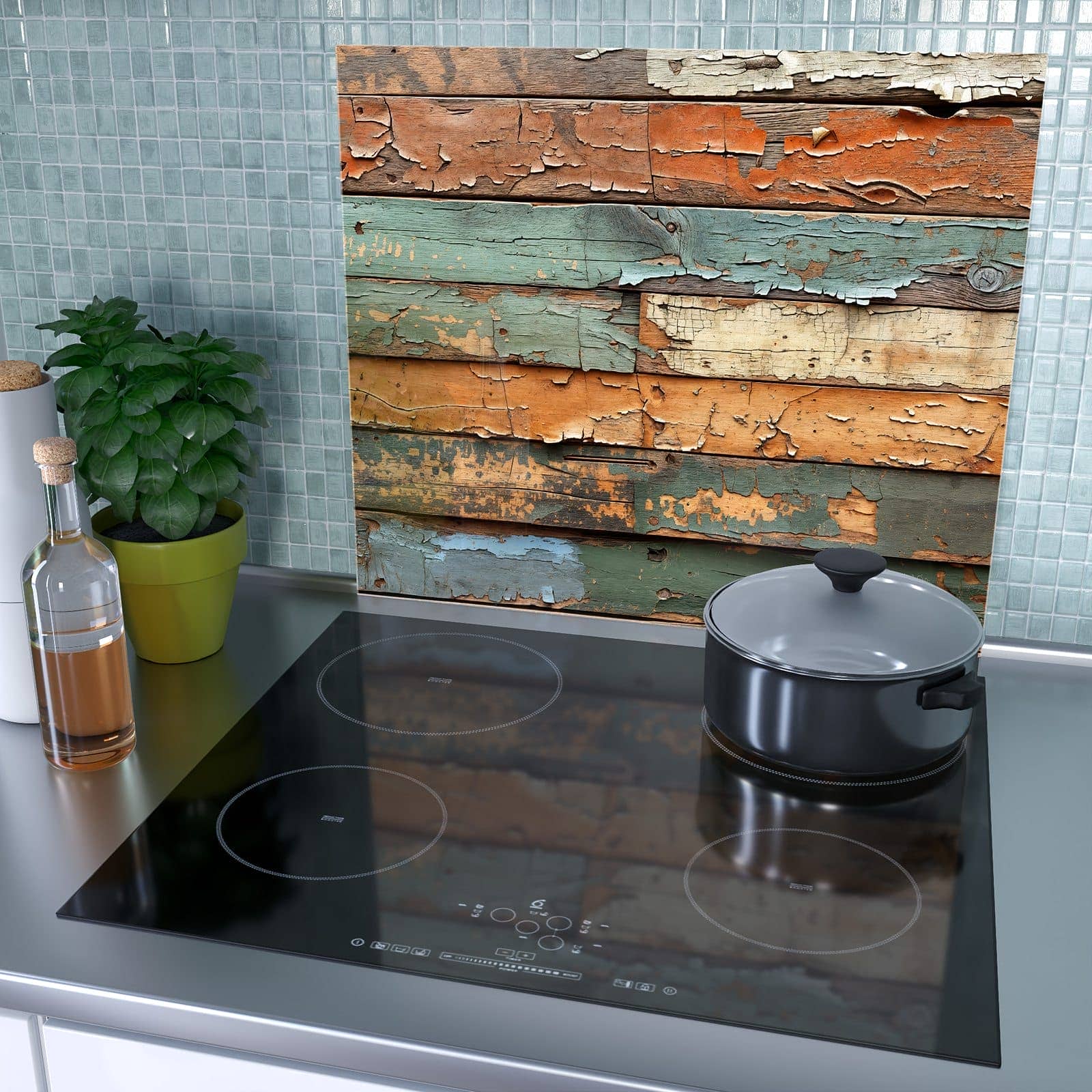 1-teilige Ceranfeld Abdeckungen mit Antike Holzplanken-Motiv als Spritzschutz hinter dem Kochfeld