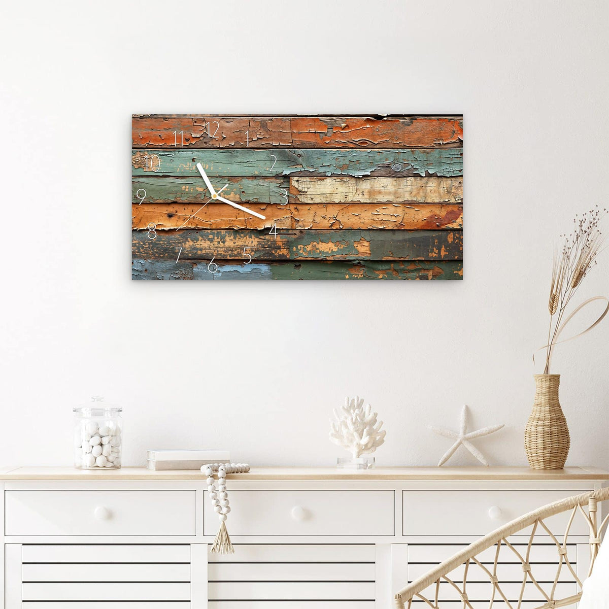 Wanduhr Antike Holzplanken aus Glas – Querformat 60 × 30 cm – Verwitterte Planken mit abblätternder Farbe
