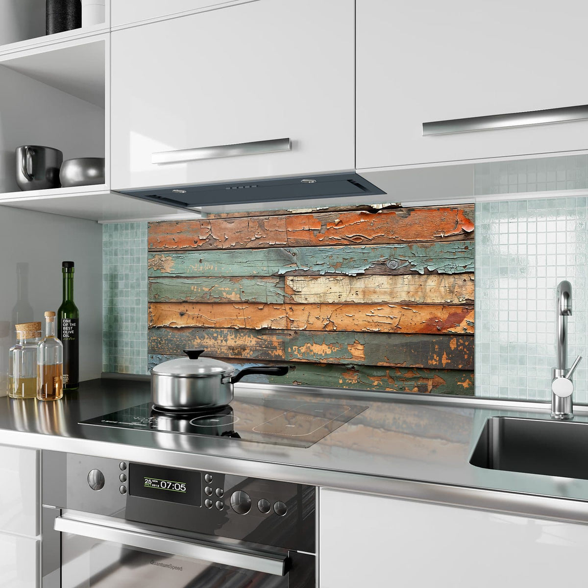 Küchenrückwand aus Glas Antike Holzplanken im Hochformat als Spritzschutz hinter dem Kochfeld, über dem Fliesenspiegel montiert