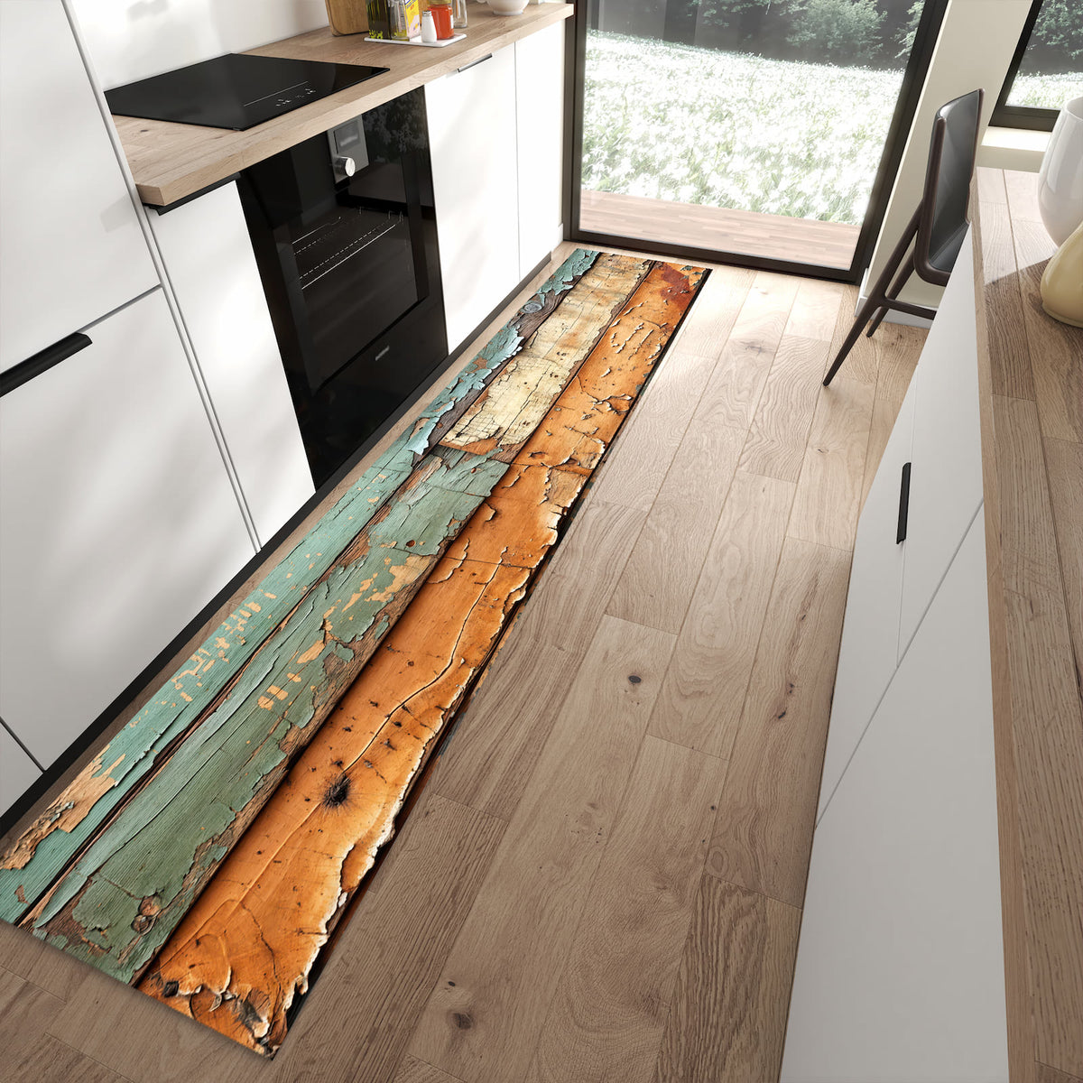 Langlebiger Küchenteppich mit Motiv Antike Holzplanken in moderner Küche