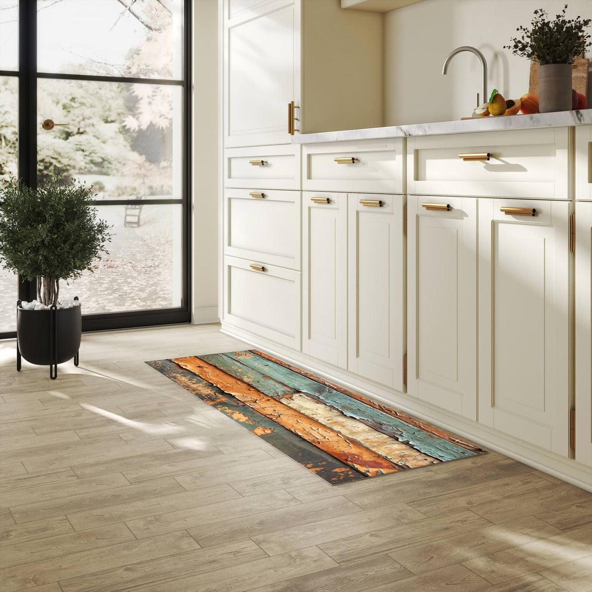 Flacher Küchenläufer mit Motiv Antike Holzplanken in heller Küche für lange Teppiche