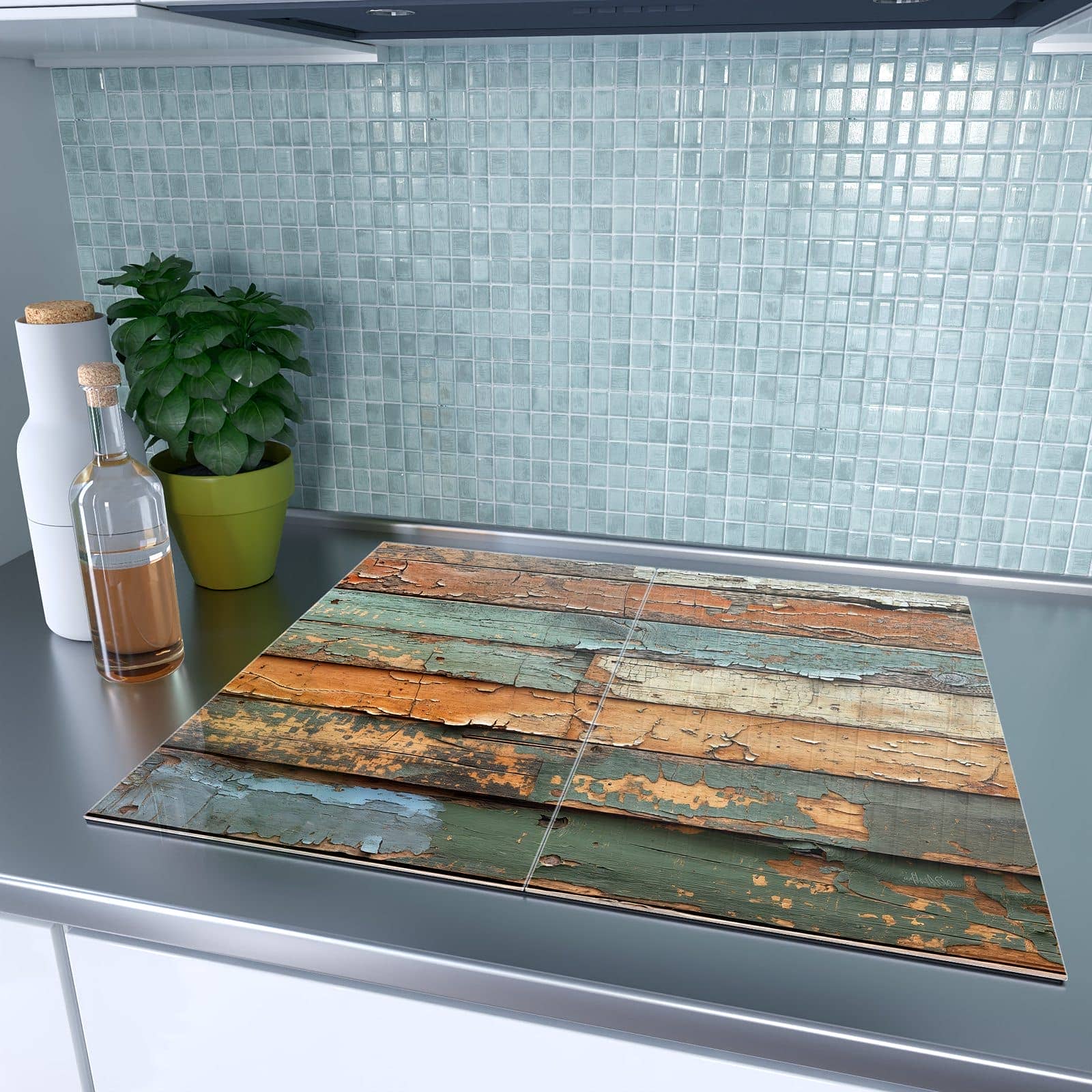 2-teilige Abdeckplatten für den Herd mit Antike Holzplanken-Motiv auf dem Ceranfeld